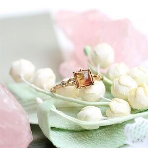 New Sterling Silver Amber Ring, Gold Vintage Style Amber Gemstone Ring Size 8